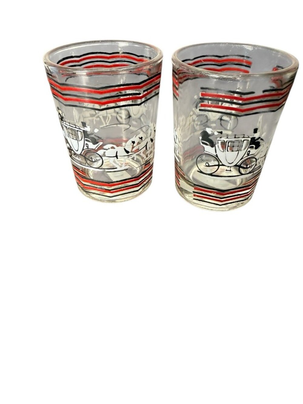 Vintage - MCM Hazel Atlas Double Shot Glass Stage Coach and Horse Barware Set 2